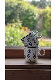 Resim 2'li El Yapımı Türk Kahvesi Fincan Seti, Seramik 4 Parça 2 Kişilik Kahve Fincan Takımı Beyaz Beyaz 