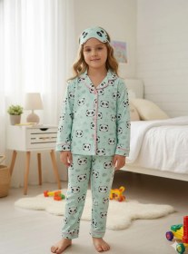 Resim Kız Çocuk Yeşil Pandalı Uyku Bandı Hediyeli Pijama Takımı 
