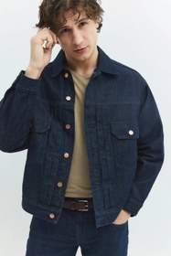 Resim DT10852 - Relaxed Fit Klasik Piliseli Koyu İndigo Rinse Erkek Jean Ceket - L 