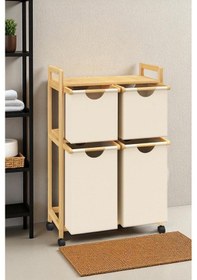 Resim Bambu 4 Bölmeli Kirli Sepetli Çamaşır Sepeti Raflı Banyo Düzenleyici Db-0018 Kahverengi 