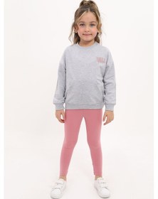 Resim Toontoy Kids Toontoy Kız Çocuk 2'li Takım Baskılı Bisiklet Yaka Düşük Omuz Sweatshirt & Basic Düz Tayt Gri 