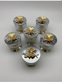 Resim 6'lı Ayaklı Elysia Cam Magnolia Kasesi, Kelebek Kapaklı Dondurmalık, Şekerlik, Çerezlik Gümüş 