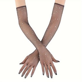 Resim Kadınlar için Uzun Şeffaf Parmaksız Eldiven Çifti - Akşam Randevuları, Partiler & Gece Dışarı Çıkışları İçin Nefes Alabilir Mesh Ice Sliky Fiber Kumaş ve Taş Süslemeli, Elastik Esnek Uyumlu - Sadece Elde Yıkama, Tarih Gecesi Aksesuarı, Taş Detaylı 