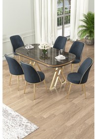 Resim Canisa Lai Serisi 90x168 Lak Panel Antrasit Ironi Gold Ayak Masa Takımı 6 Antrasit Sandalye Antrasit İroni Masa Antrasit Sandalye Ayaklar Gold 