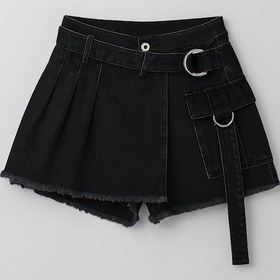 Resim Blue White Kadın Yüksek Bel Kemerli Jean Şort Etek Siyah 