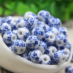 Resim 50 Adet Vintage Mavi & Beyaz Orkide Yuvarlak Seramik Boncuklar - Bilezikler, Kolyeler, Boncuk Perdeleri için Çiçek Desenli DIY Takı Yapım Malzemeleri - Önceden Delinmiş Deliklere Sahip Yüksek Kaliteli El Sanatları Boncukları 