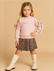 Resim Kız Çocuk Kolları Leopar Şeritli Fiyonklu Sweatshirt-16133 Pudra 