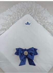 Resim Yenidoğan Saray Kadife Taç Nakışlı İnci Fiyonklu Dantel Duvak Trilüks Kundak Bebek Battaniye Lacivert 