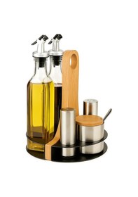 Resim Metal Ahşap Standlı Tezgah Üstü Baharatlık Ve Yağdanlık Seti - 2'lü Cam Yağlık Ve 3'lü Paslanmaz Baharatlık Siyah 