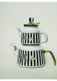 Resim Papillon Emaye Çaydanlık Dekoratif Vintage Çaydanlık Takımı Beyaz - Siyah 