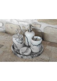 Resim Mermer Mor Leylak Gümüş Rengi Aksesuarlı 5,li Banyo Seti Beyaz 