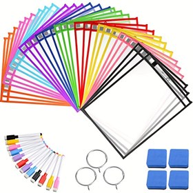 Resim Kuru Silme Cebi 30 Paket Yeniden Kullanılabilir Büyük Boyut 25.4cm X 33.02cm Şeffaf Dayanıklı Plastik Kılıflar, 12 Kalem, 4 Silgi ve 3 Halka ile Sınıf Düzeni, Öğretmen ve Okul Malzemeleri için 