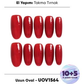 Resim 15'li Kırmızı Uzun Oval Uov1564 Tekrar Kullanılabilir El Yapımı Protez Takma Tırnak Xs 