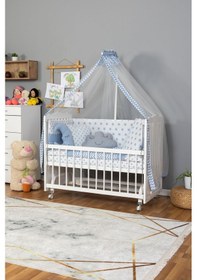 Resim Ahşap Beşik Anne Yanı Beşik Beyaz 60x120 - Mavi Yıldız 3 Yastık Uyku Seti + Yatak + Tekerlekli Beyaz 