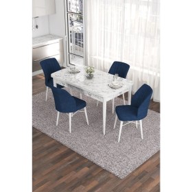 Resim Canisa Eva Serisi 80 x 132 cm Açılabilir Mdf Mutfak Masa Takımı Beyaz Mermer Desen Masa ve 4 Sandalye 