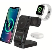 Resim Gaojunshop01 Siyah 3ü 1 Arada Katlanır Kablosuz Şarj İstasyonu Saat Ve Pil Göstergeli İphone iOS Uyumlu Airpods Uyumlu 