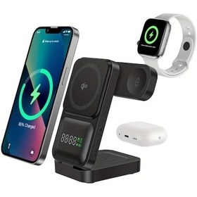 Resim Gaojunshop01 Siyah 3ü 1 Arada Katlanır Kablosuz Şarj İstasyonu Saat Ve Pil Göstergeli İphone iOS Uyumlu Airpods Uyumlu 