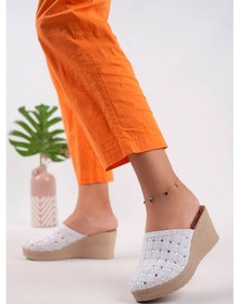 Resim Epaavm - Dolgu Taban Ekose Örgü Önü Kapalı Taşlı Beyaz Terlik... Beyaz 