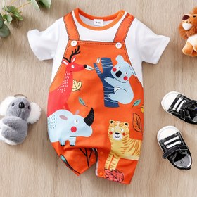 Resim Bebeğin Yazlık Dış Mekan Kıyafeti, Sevimli Koala Desenli Kısa Kollu Yuvarlak Yaka Tulum, Bebek Tulumu, Turuncu Detay 