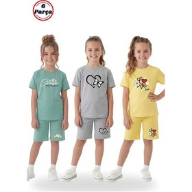 Resim Fyk Kids 3'lü Yuvarlak Yaka Tişört Renkli Kapri Baskı Detaylı 6 Parça Kız Çocuk Alt Üst Takım Açık Mint 