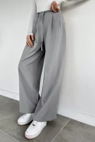 Resim Kadın Bel Bağcıklı Bol Paça Pantolon Gri TZL-P-00020324 