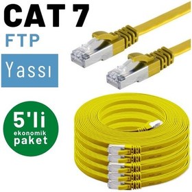 Resim 5 adet IRENIS CAT7 Kablo Yassı FTP Ethernet Kablosu, 2 mt Sarı 