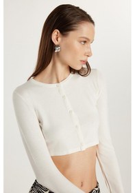 Resim Tudors Kadın Slim Fit Dar Kesim Uzun Kollu Bisiklet Yaka Ekru Hırka-33819 Ekru 