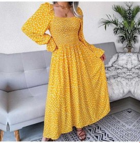 Resim Novahub Sonbahar-kış Kare Yaka Uzun Kollu A Line Pileli Baskılı Elbise S-xl Sarı Kadın Elbisesi Sarı 