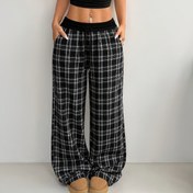 Resim Kadınlar için Rahat Bol Y2K Tarzı Tartan Geniş Bacaklı Pantolon, Bahar/Yaz için Cep, Bağcıklı Bel ve Rahat Kesim ile. 