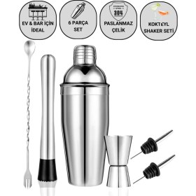 Resim Polham 6 Parça 750ML Paslanmaz Çelik Kokteyl Shaker Seti - Ev ve Bar Için Ideal, Sızdırmaz Kapaklı 