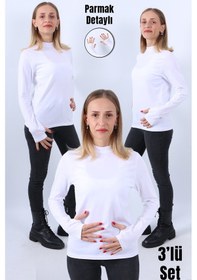 Resim Kadın Boğazlı Parmak Detaylı Uzun Kollu Body 3lü Set Beyaz 