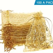 Resim 100 Paket Zarif Altın Organza Hediye Çantaları - Düğünler, Doğum Günleri, Partiler için Lüks Altın ve Beyaz Kurdele Tasarımı - Küçük Hediyeler için Dekoratif İpli Çanta, Parti Favor Çantaları, Etkinlik Favor Çantaları, Sophistike Tasarım, Dekoratif Kurdele Detayı 