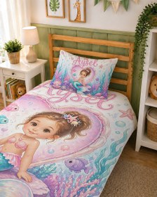 Resim Evmila Karikatüristik Deniz Kızı Temalı Nevresim Takımı - 100x150 cm Nevresim ( Bebek Boy Özelleştirilmiş ) + 35x45 cm Yastık Kılıfı 