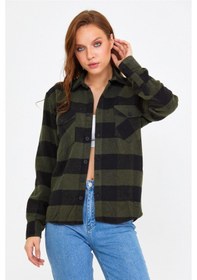 Resim Tarz Cool Kadın Haki-siyah Slim Fit Cepli Ekoseli Oduncu Gömlek-kkkodg001r08s Haki-siyah 