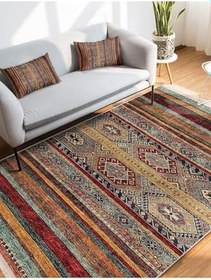 Resim RealHomes Kırmızı - Kahverengi Zeminde Geleneksel Motifli Kilim Desenli Vintage Etnik Motifler Saçaklı Halı HaliDik-Deluxe-12048, 160 x 230 