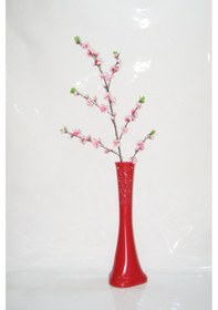 Resim 60 Cm Kırmızı Desenli Vazo Pembe Bahar Dalı 