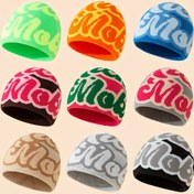 Resim Erkekler & Kadınlar için 1'li Paket Kış Beanie - Renk Bloklu Harf Baskılı Akrilik Unisex Çift Şapkalar, Yılbaşı Partisi ve Günlük Kullanım İçin Hafif Sıcak Esnek 