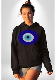 Resim Nazar Boncuğu Kadın Erkek Siyah Kapüşonlu Sweatshirt Hoodie Siyah 