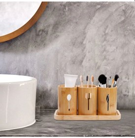 Resim Qerhome 3'lü Dekoratif Bambu Tezgah Üstü Lüks Kaşıklık - Organizer Bambu 
