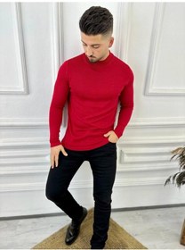 Resim Elku Moda Kazak Slim Fit Tüylenmez Naturel Pamuk Triko Boğazlı Balıkçı Yaka Kazak Kırmızı 