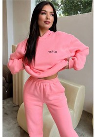 Resim Eşofman Takımı Sweatshirt Jogger - Pembe Baskılı Oversize Şardonlu Kapüşonlu Pembe-273274 