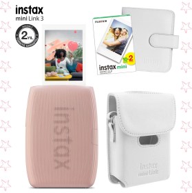 Resim Fujifilm Instax Mini Link 3 Pembe Akıllı Telefon Yazıcısı Beyaz Çanta Deri Albüm ve 20'li Mini Film 
