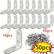 Resim 50 Adet Paslanmaz Çelik L Şekilli Köşe Braketi Seti (10 Braket + 40 Vida), 3.99x3.99 cm, 90 Derece Dik Açı, Ahşap Raflar, Sandalyeler, Masa ve Tuvalet Masaları için Uygun, Mobilya Montajı 