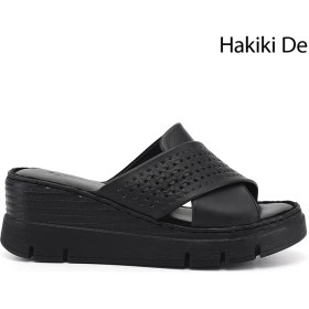 Resim Gönderi(r) Kadın Siyah Dolgu Topuklu Hakiki Deri Terlik 