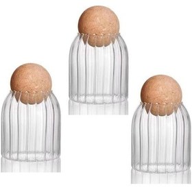 Resim Morponi 3'lü Mantar Kapaklı Çizgili Cam Kavanoz 500 Ml Şeffaf 