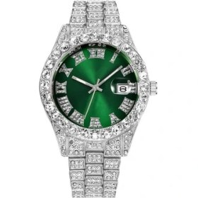 Resim Hanyang Gümüş Yeşil Lüks Rhinestone Roma Rakamları Erkek Takvim Izle Paslanmaz Çelik Bant Erkekler Kol Saatleri Erkek Tarih Relogio Masculino (Yurt Dışından) 