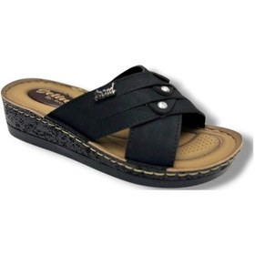 Resim Selin 324-26 Deri 3 Taşlı Dolgu Topuklu Anatomik Kadın Terlik Siyah 