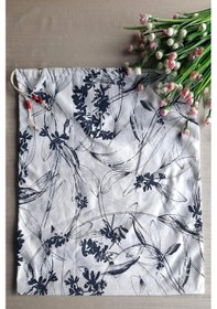 Resim Lacivert Çiçekli Ekmeklik - Askılı Büzgülü Keten Ekmek Torbası 50 Lacivert 