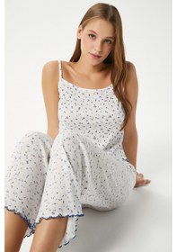 Resim Ritnice Kadın June Askılı Mavi Minik Çiçekli Alt Üst Pijama Takımı Ekru - Mavi 