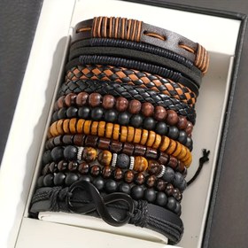 Resim 12'lük Boho Tarzı Erkek Bileklikleri, Vintage Tigrin Gözü ve Ay Taşı Boncukları, Örgülü Deri ve Sentetik Fiber Kordon, Günlük ve Parti Giyim için Moda Takı 